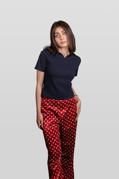 Navy Blue Ribbed V-Neck Collar Top