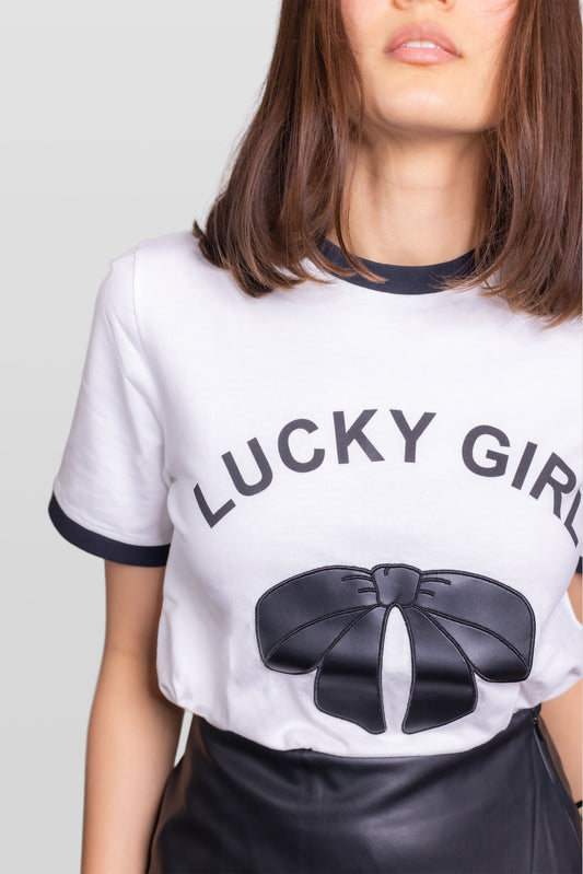 Lucky Girl Bow Graphic Tee – White & Black Contrast