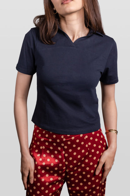 Navy Blue Ribbed V-Neck Collar Top