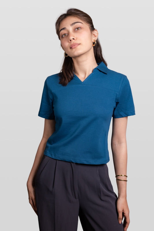 Teal Blue Ribbed Collar Neck Top