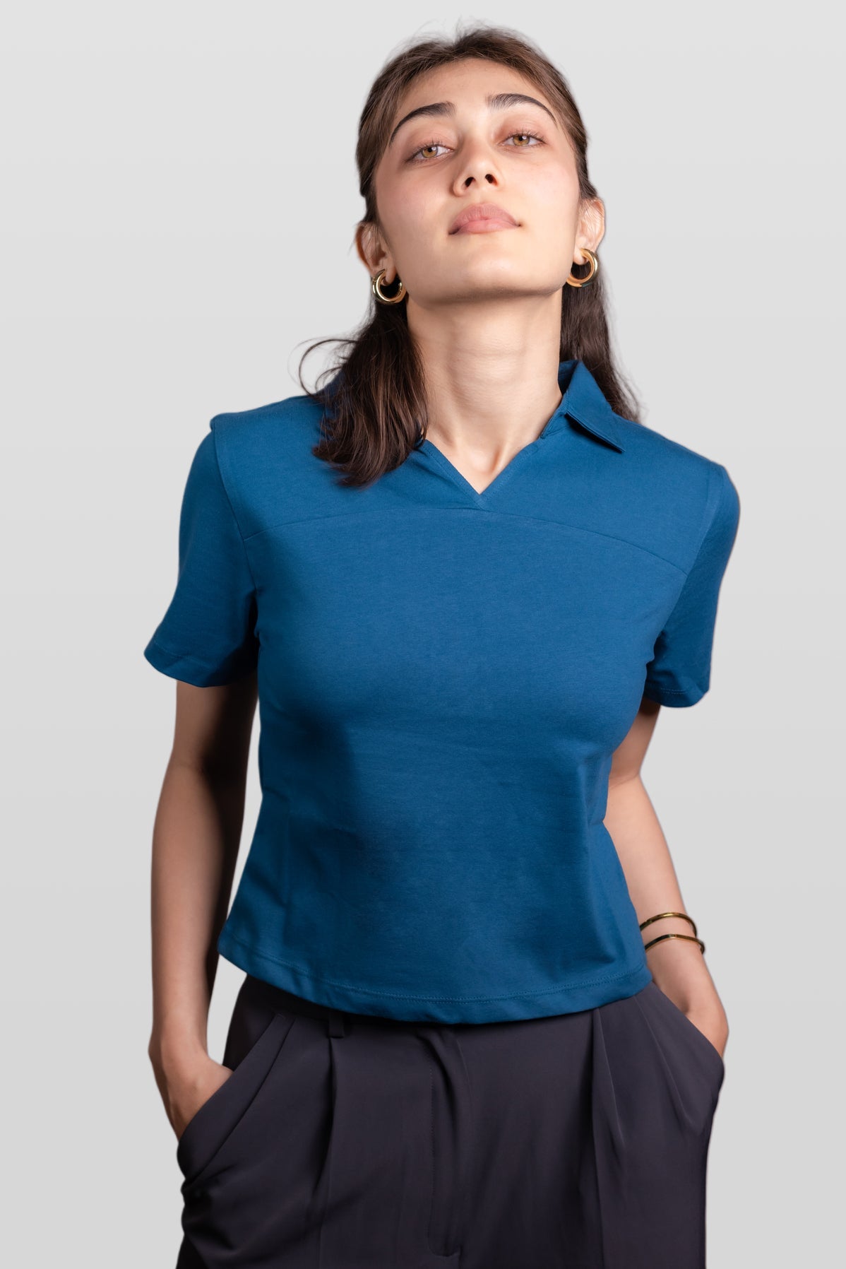 Teal Blue Ribbed Collar Neck Top