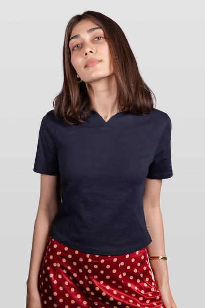 Navy Blue Ribbed V-Neck Collar Top