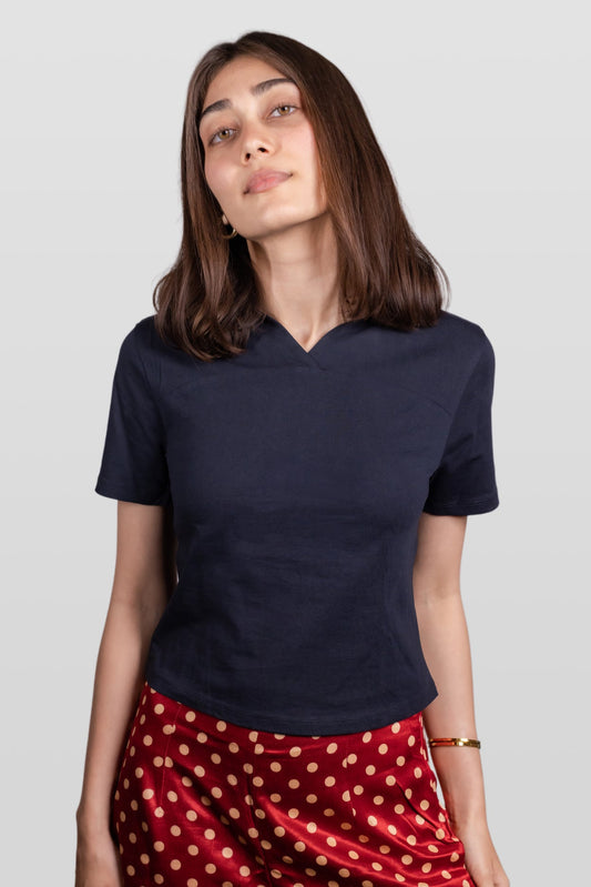Navy Blue Ribbed V-Neck Collar Top